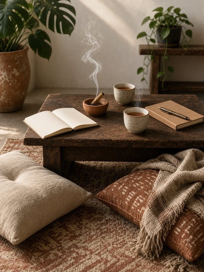 Two cups of tea steaming on a low wooden table, cushions either side
